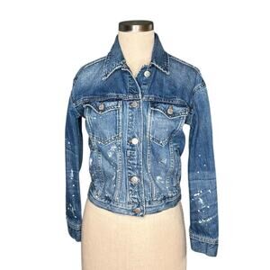 MADEWELL Boxy Crop Distressed Blue Denim Jacket Women's Size XXS Splatter Chic